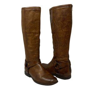 Frye Phillip Cognac Leather Harness Ring Tall Riding Boots - Size 8